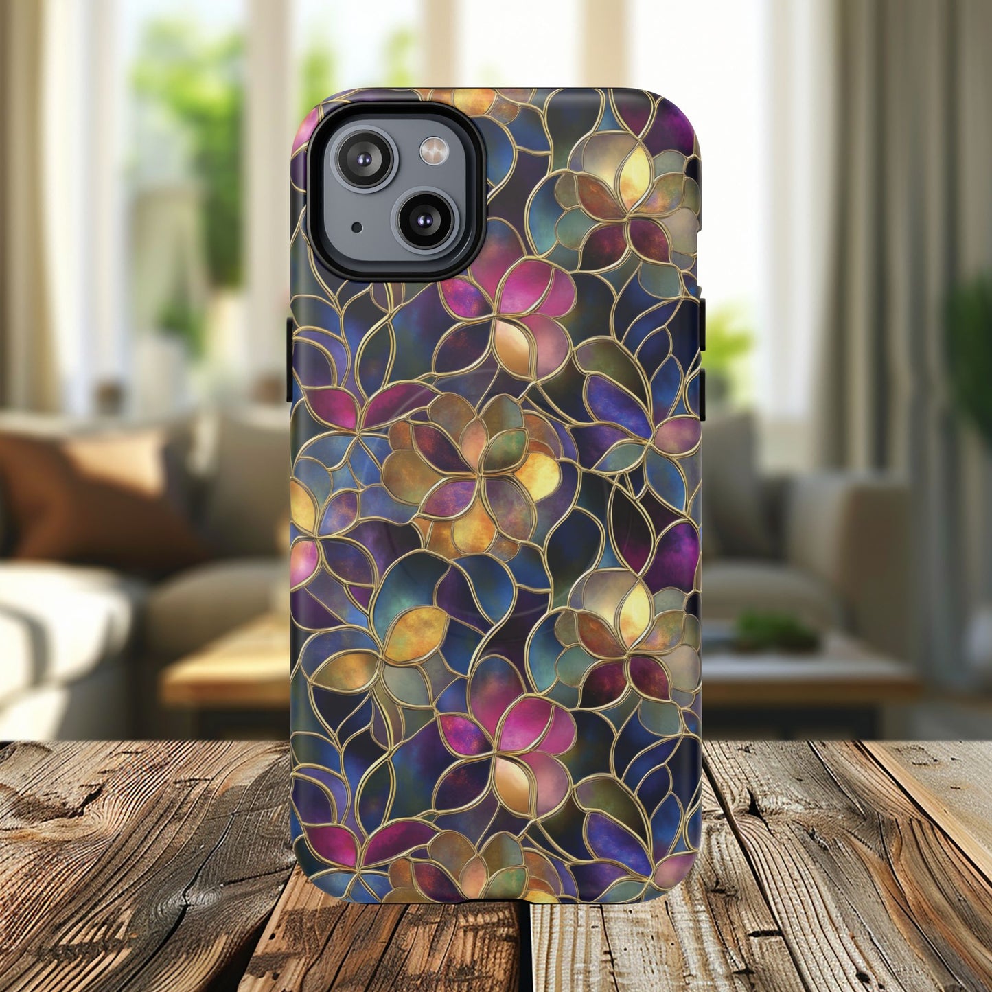 Chromatic Bloom Tough iPhone Magnetic Case, Tough iPhone Cover, Floral iPhone Accessory, Birthday Gift, Elegant Tech Decor, MagSafe Stained Glass Pattern.