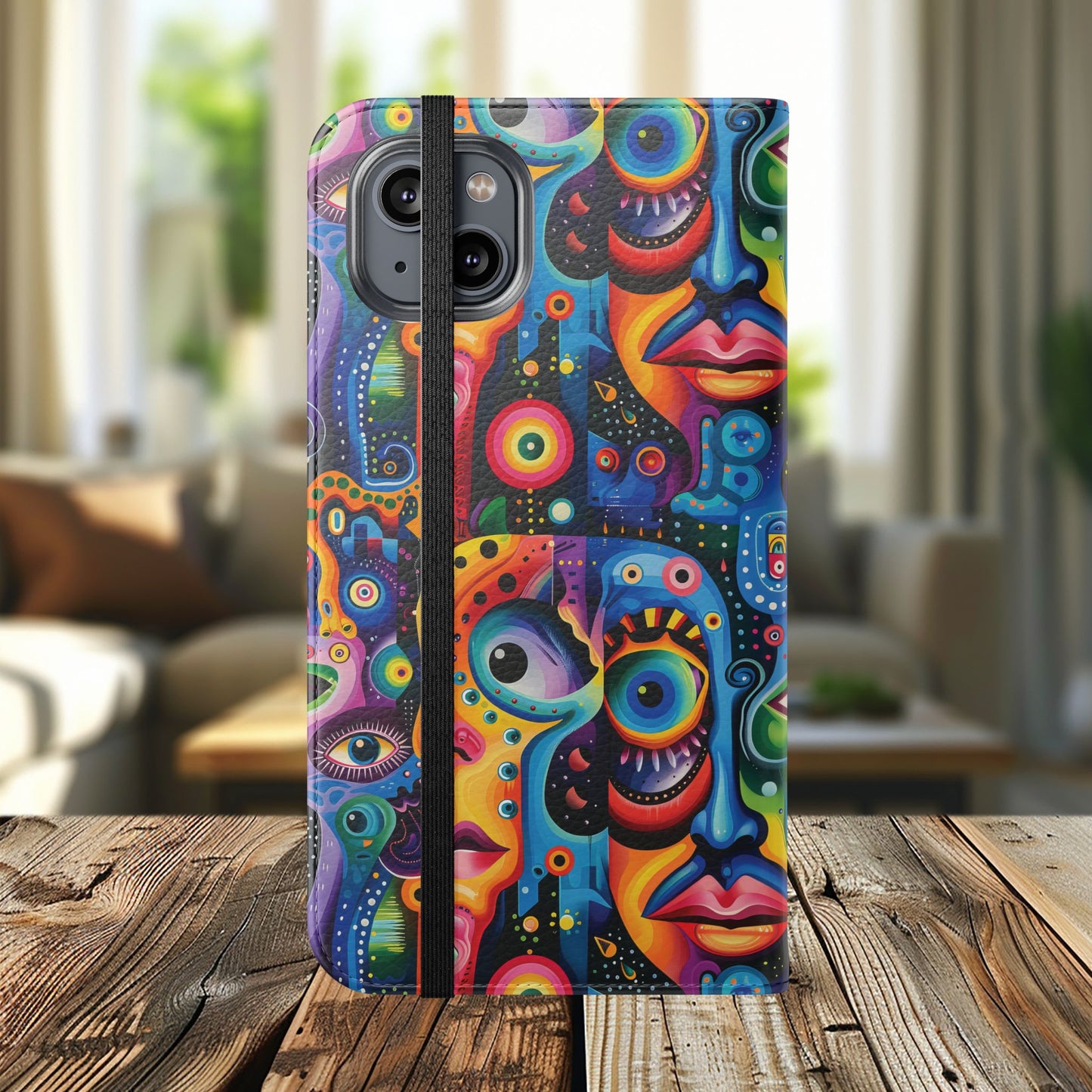Psychedelic Visions Vibrant Art Flip iPhone and Samsung Phone Case - Colorful Faces Design for Phone Protection