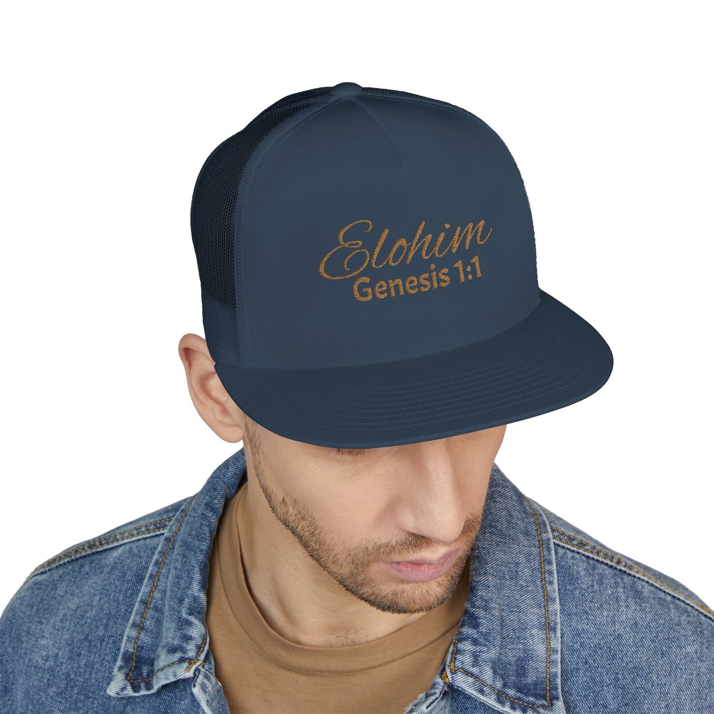 'ELOHIM, GENESIS 1:1'  Embroidered 5 Panel Trucker Cap | Casual Style Hat, Adjustable, Unisex, Perfect Gift for Outdoors, Festivals, Daily Wear