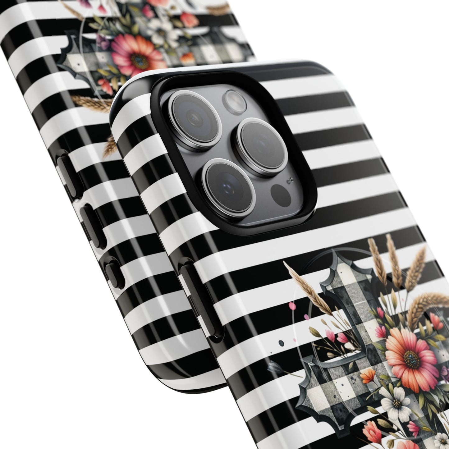 Grace in Bloom Tough Magnetic iPhone Case with Floral Cross Design, Boho iPhone Cover, Striped iPhone Case, Unique Religious Gift, Trendy Cell iPhone Accessory.
