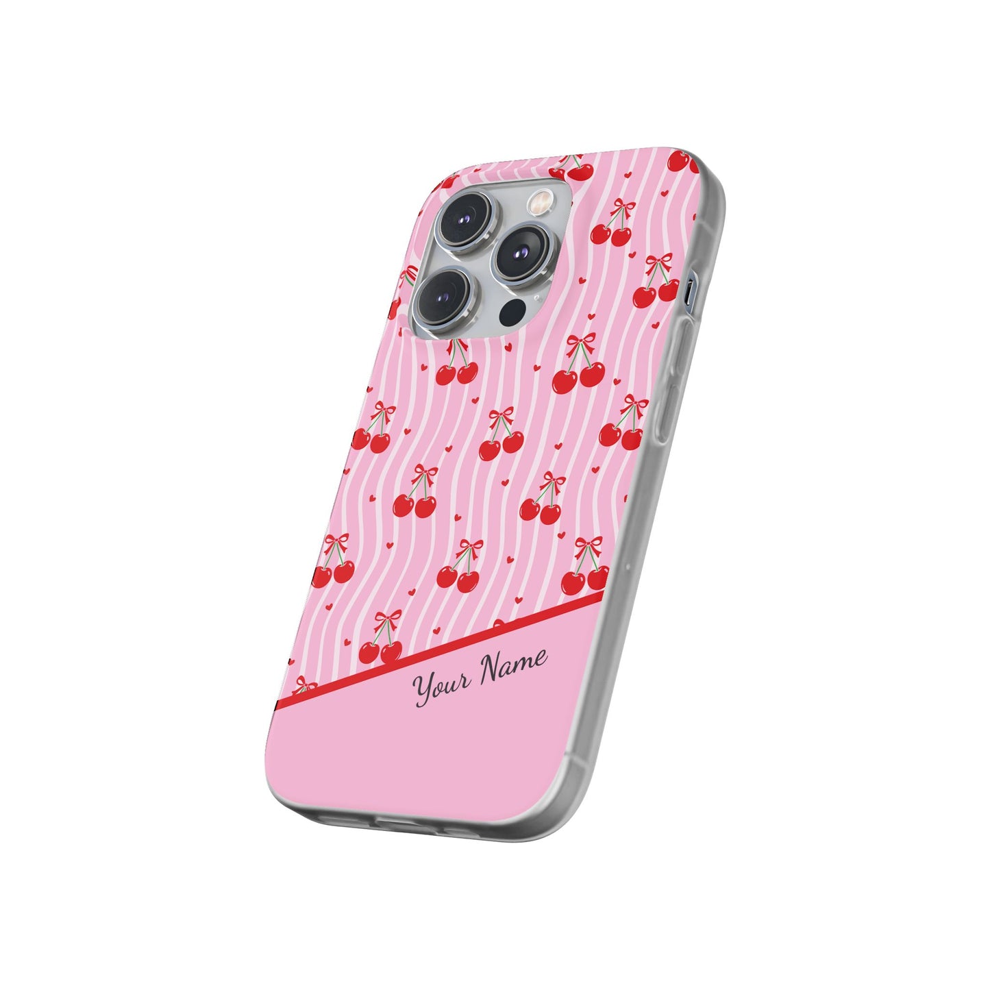 Personalized Cherry Blossom Dreams Flexi Case — Pink Retro Cherry iPhone® 7/8, 11, 12, 13, 14, 15, 16, 17, X/XS, SE, XR, Mini, Pro, Pro Max, Plus Cases.