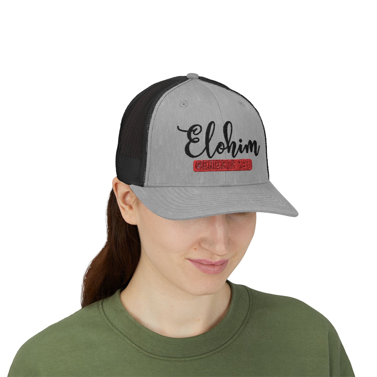 Embroidery 'ELOHIM, GENESIS 1:1' Faith Snapback Trucker Cap - Religious Hat, Stylish Accessory, Gift for Believers, Casual Wear, Outdoor Events, Faith-Based, Name of GOD.