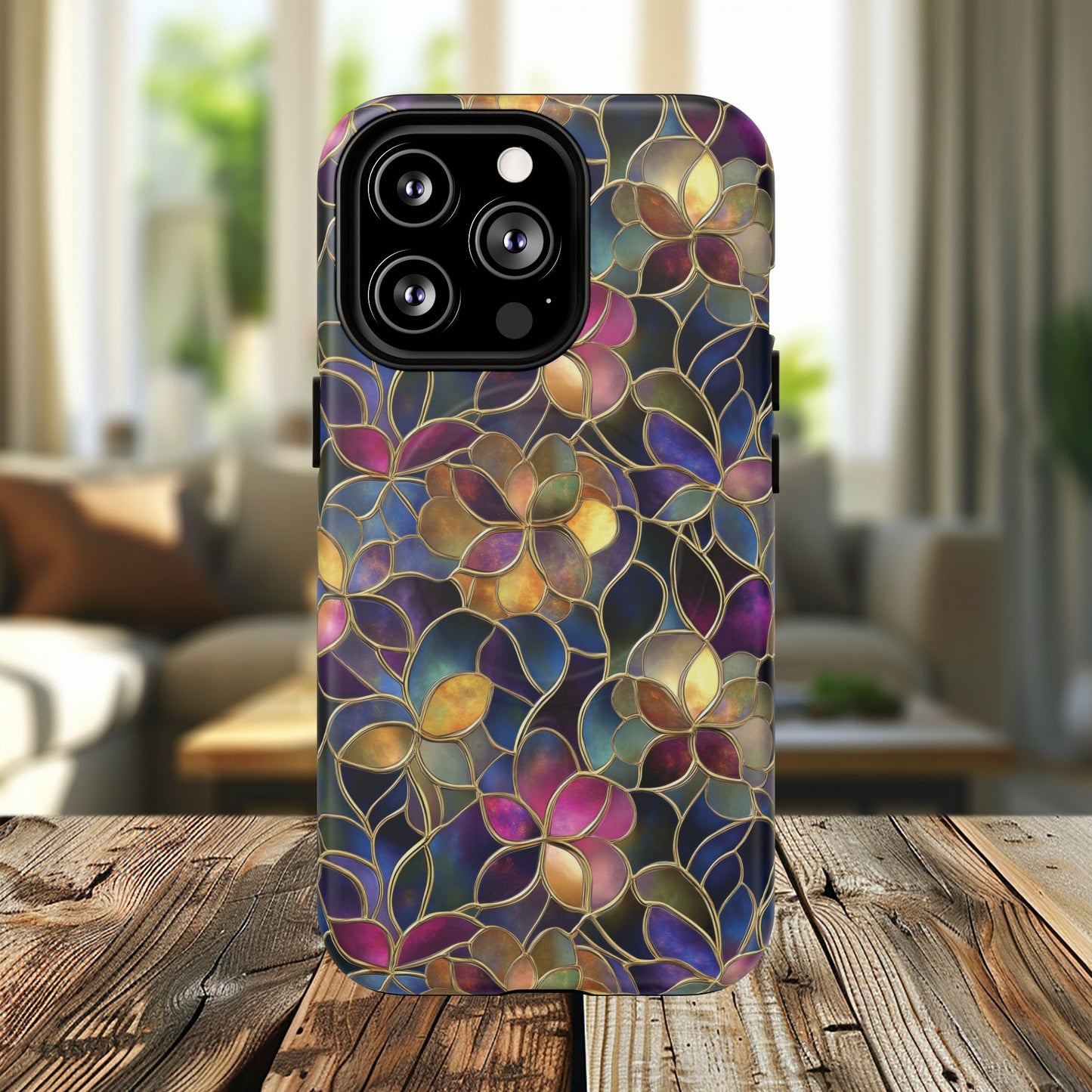 Chromatic Bloom Tough iPhone Magnetic Case, Tough iPhone Cover, Floral iPhone Accessory, Birthday Gift, Elegant Tech Decor, MagSafe Stained Glass Pattern.