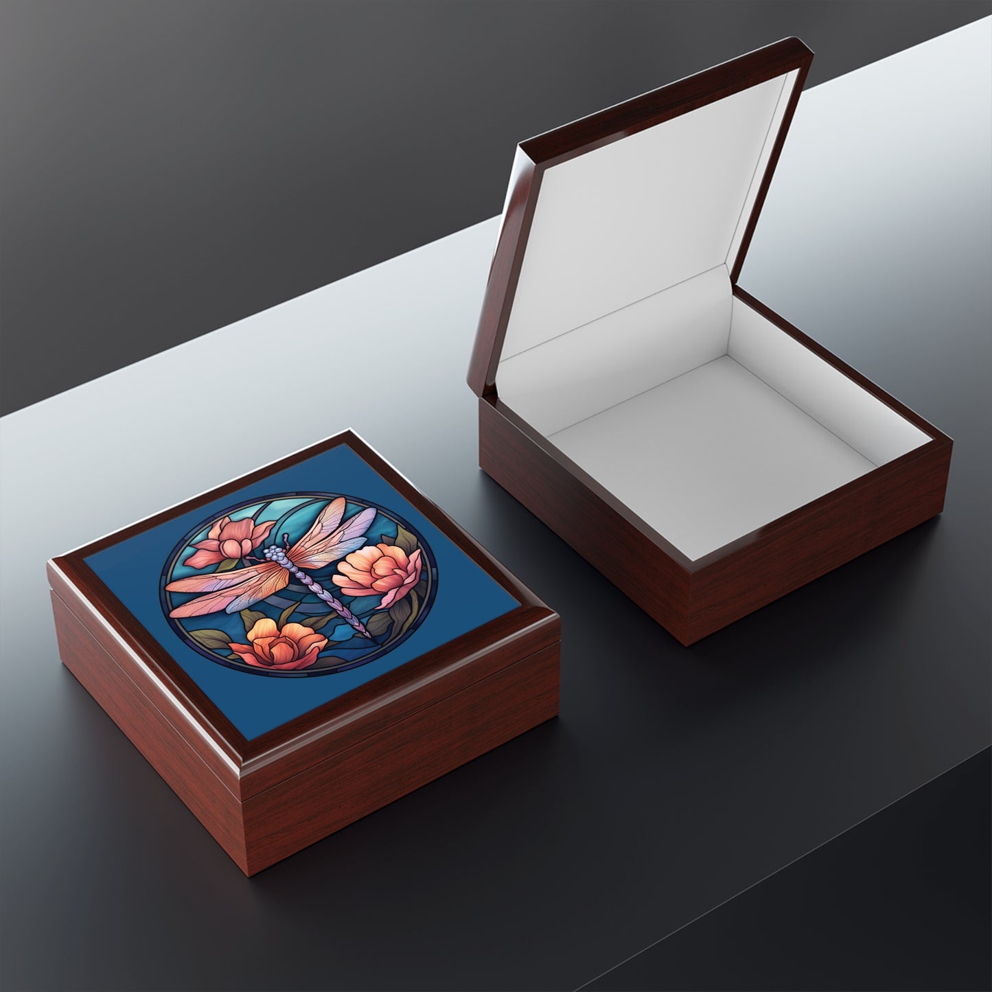Dragonfly Floral Jewelry Box — Stained-Glass Style Trinket Keepsake