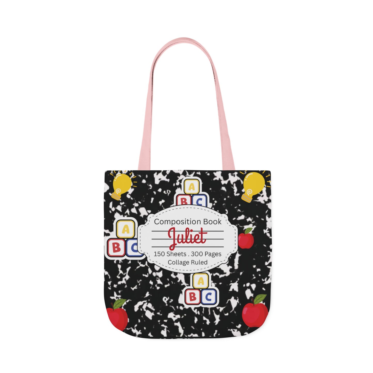 Personalized Black Composition Book Inspired Canvas Tote Bag with Colorful Straps, Cute School Bag, Eco-Friendly Tote, Back to School Shopping Bag, Teacher Gift Idea