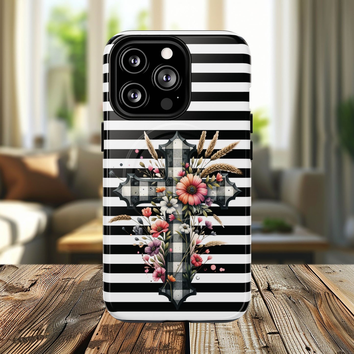 Grace in Bloom Tough Magnetic iPhone Case with Floral Cross Design, Boho iPhone Cover, Striped iPhone Case, Unique Religious Gift, Trendy Cell iPhone Accessory.