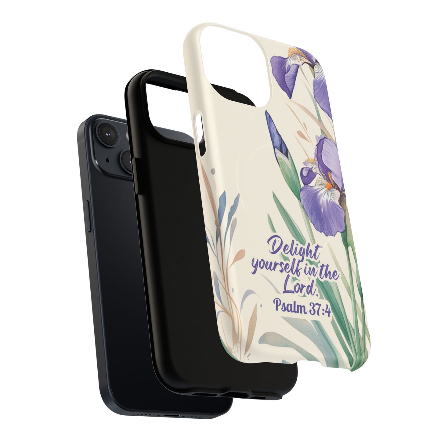 Delight yourself in the Lord Psalm 37:4, Inspirational Gift, iPhone Magnetic Case Scripture, Floral Bible Verse, MagSafe® iPhone® Tough Case, iPhone 14, iPhone 15, iPhone 16, Pro, Pro Max, Plus.