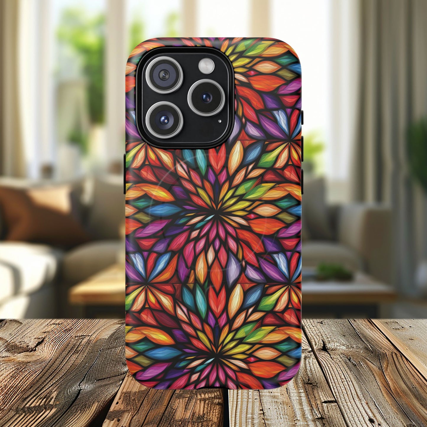 Prism Bloom Tough iPhone Magnetic Case, Stained Glass  MagSafe Cases, iPhone Accessory, Floral Design, Unique Gift, iPhone Protection