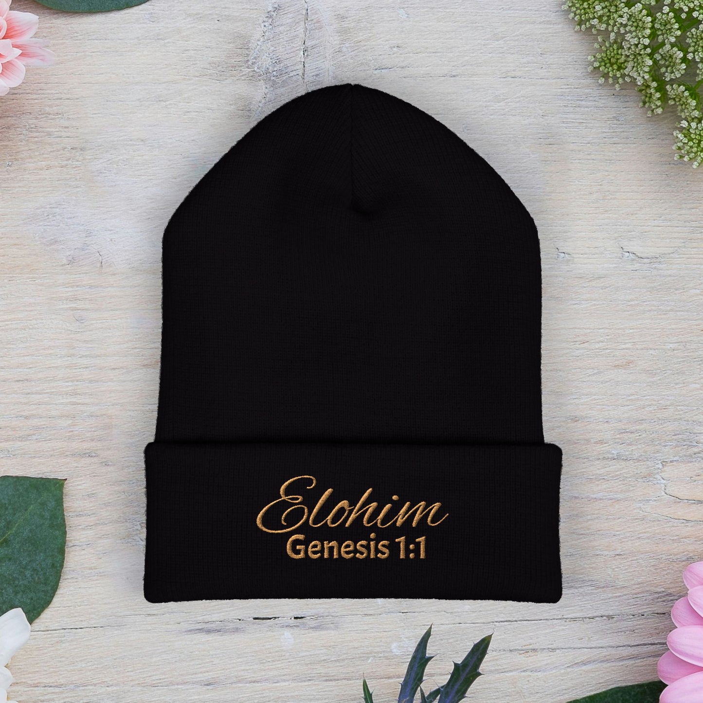 Brown Embroidered 'ELOHIM, GENESIS 1:1' Classic Cuffed Beanie - Cozy Winter Hat, Streetwear Accessory, Personalized Gifts, Religious Apparel, Unisex Beanie
