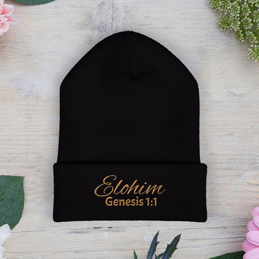 Brown Embroidered 'ELOHIM, GENESIS 1:1' Classic Cuffed Beanie - Cozy Winter Hat, Streetwear Accessory, Personalized Gifts, Religious Apparel, Unisex Beanie