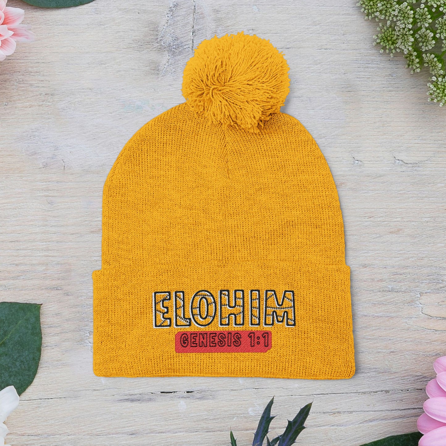 Cozy Pom-Pom Knit Cap with 'ELOHIM, GENESIS 1:1'  Embroidery Beanie - Stylish Winter Accessory for All Ages, Perfect Gift for Birthdays, Holidays, and Outdoor Activities
