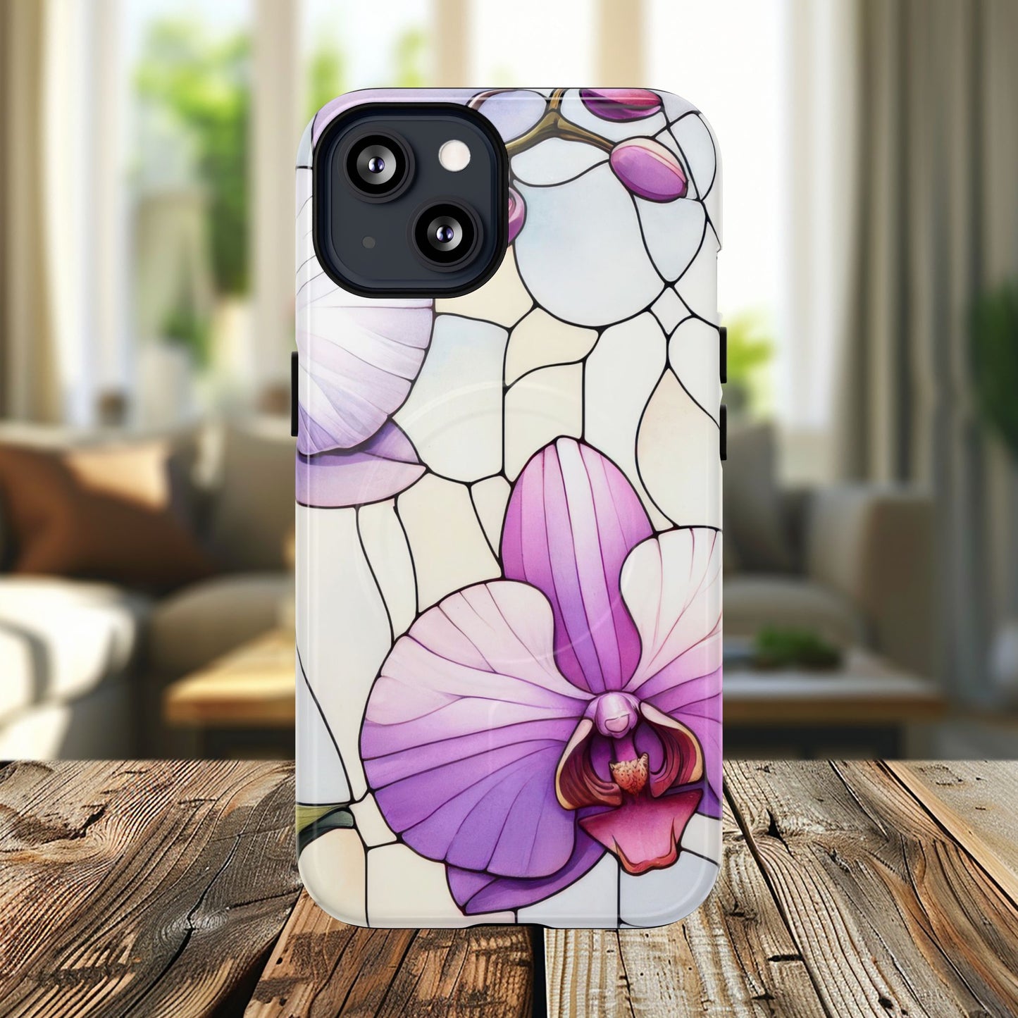 Orchid Grace Tough iPhone Magnetic Case, Protective iPhone Cover, Trendy Stained Glass Design, Floral Gift, Unique iPhone Accessory, Durable iPhone Case