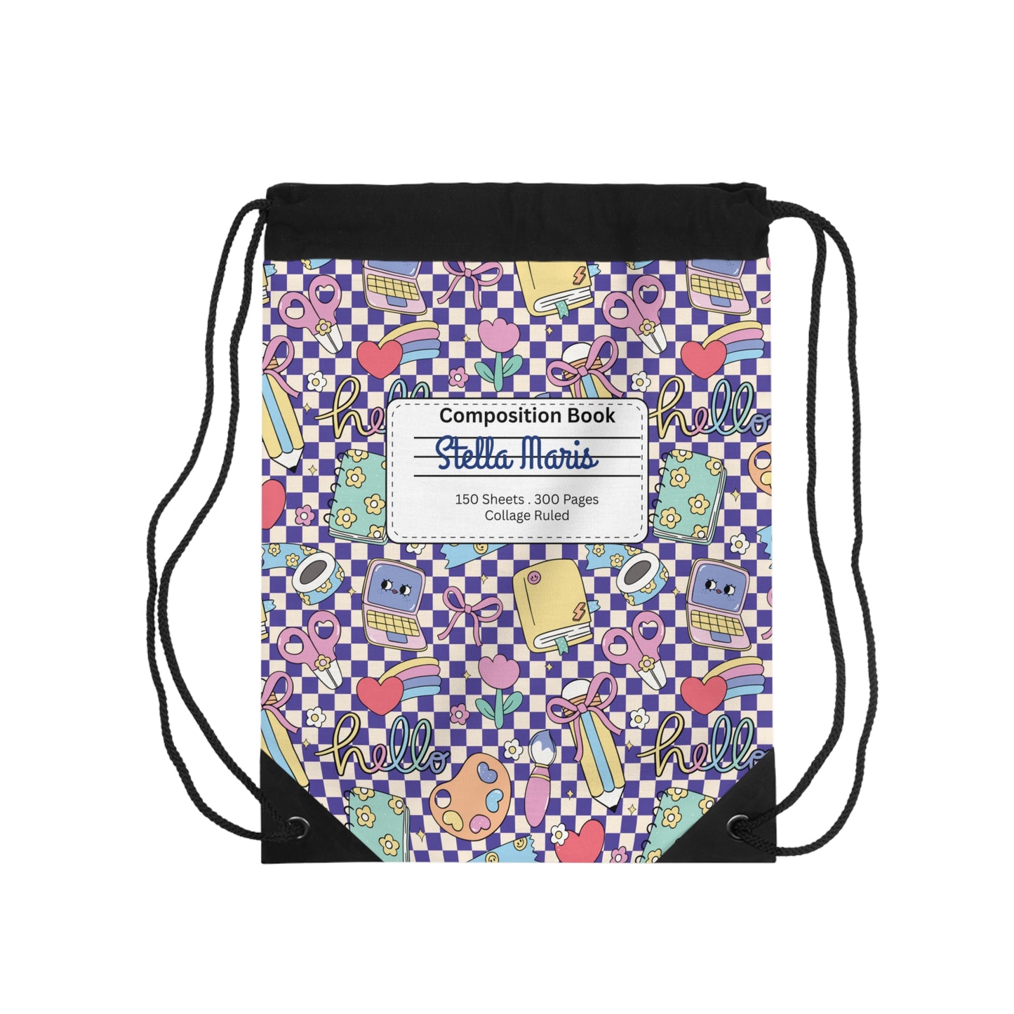 Composition Purple Doodle Daydream Book Inspired Colorful ABC Drawstring Bag | Personalized College Ruled Tote | Kids School Gear | Fun Gym Sack | Back to School Accessory