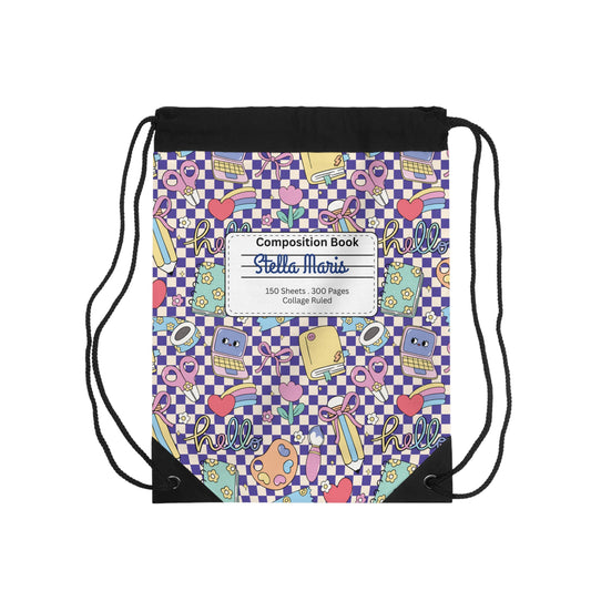 Composition Purple Doodle Daydream Book Inspired Colorful ABC Drawstring Bag | Personalized College Ruled Tote | Kids School Gear | Fun Gym Sack | Back to School Accessory