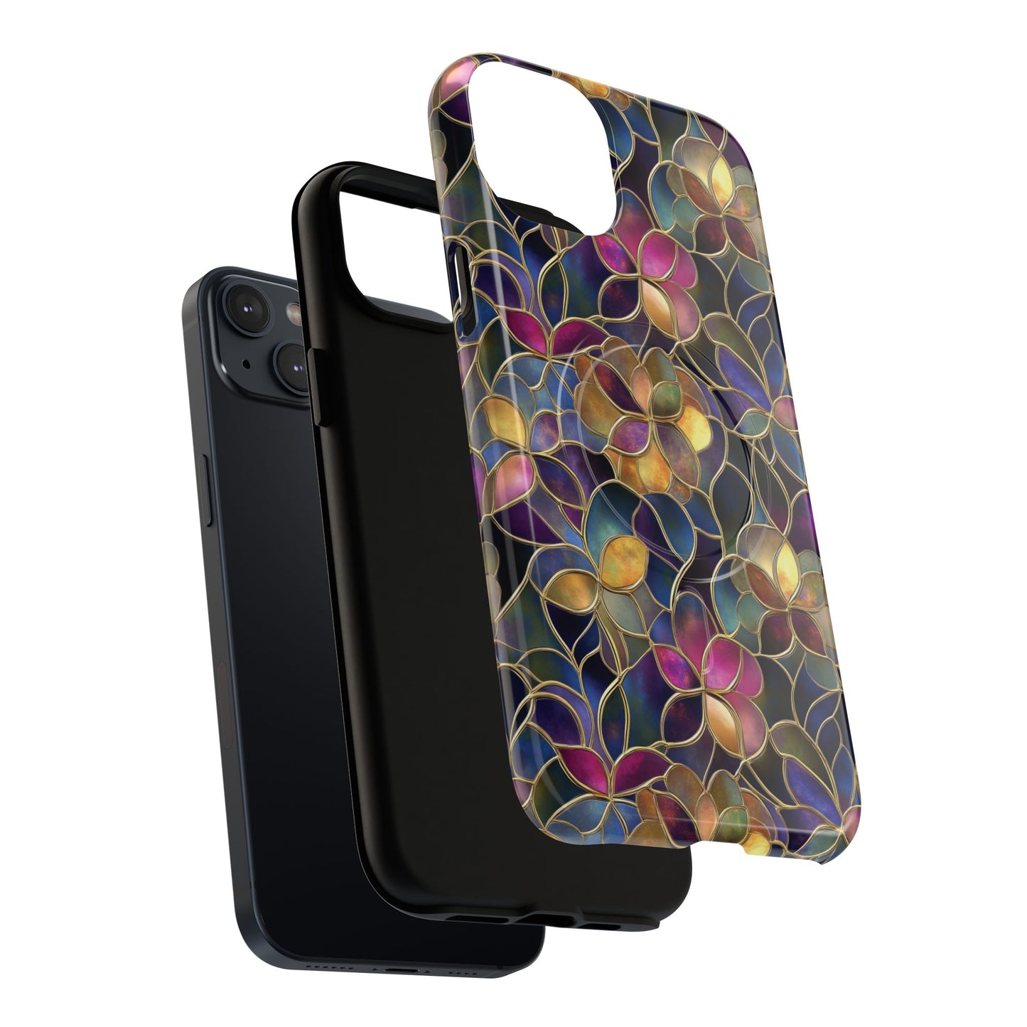 Chromatic Bloom Tough iPhone Magnetic Case, Tough iPhone Cover, Floral iPhone Accessory, Birthday Gift, Elegant Tech Decor, MagSafe Stained Glass Pattern.