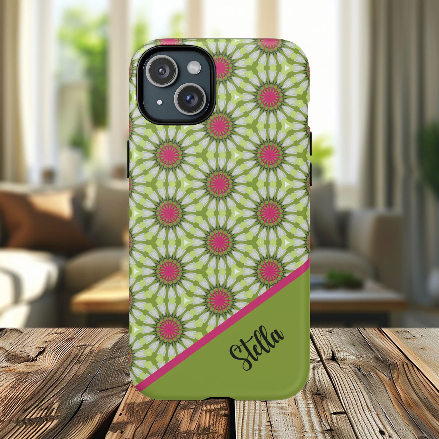 Personalized Meadow Mandala Bloom Vibrant Flower  — Green & Pink Geometric Daisy Design