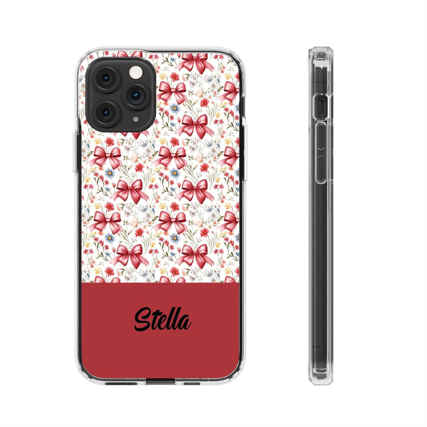 Personalized Rosette Coquette Floral Bow Clear iPhone, Samsung Cases — Custom Name Phone Cover