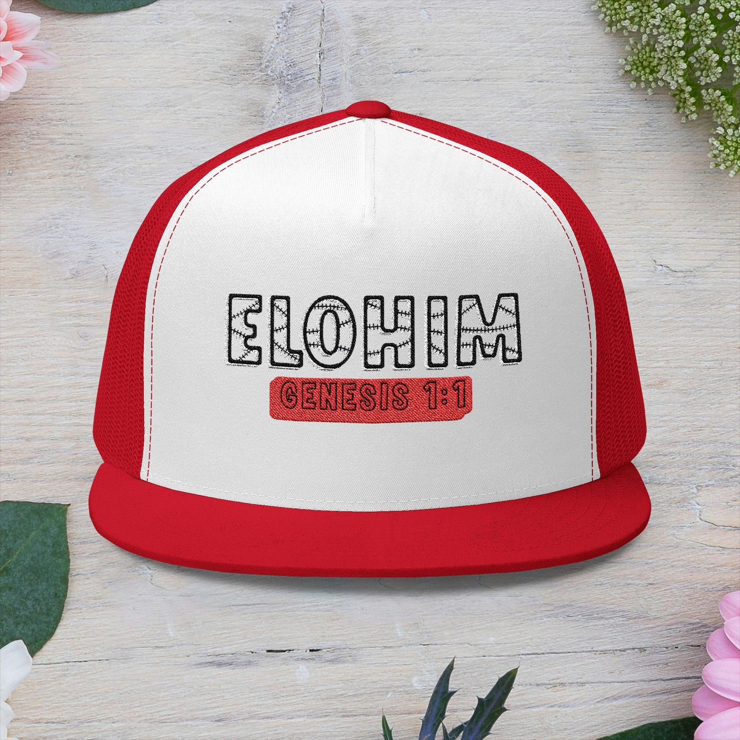 'ELOHIM, GENESIS 1:1'  Embroidered 5 Panel Trucker Cap | Casual Style Hat, Adjustable, Unisex, Perfect Gift for Outdoors, Festivals, Daily Wear