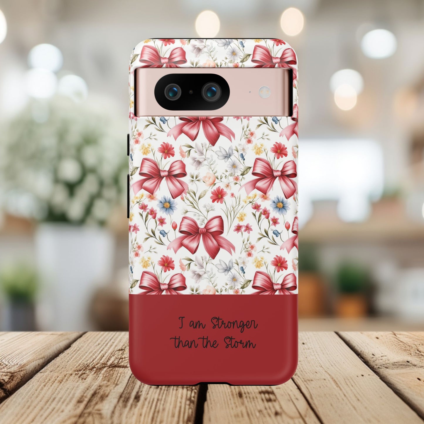 Personalized Rosette Coquette Phone Case - Custom Name/Message 'I Am Stronger Than The Storm' Floral Bow Protective Case