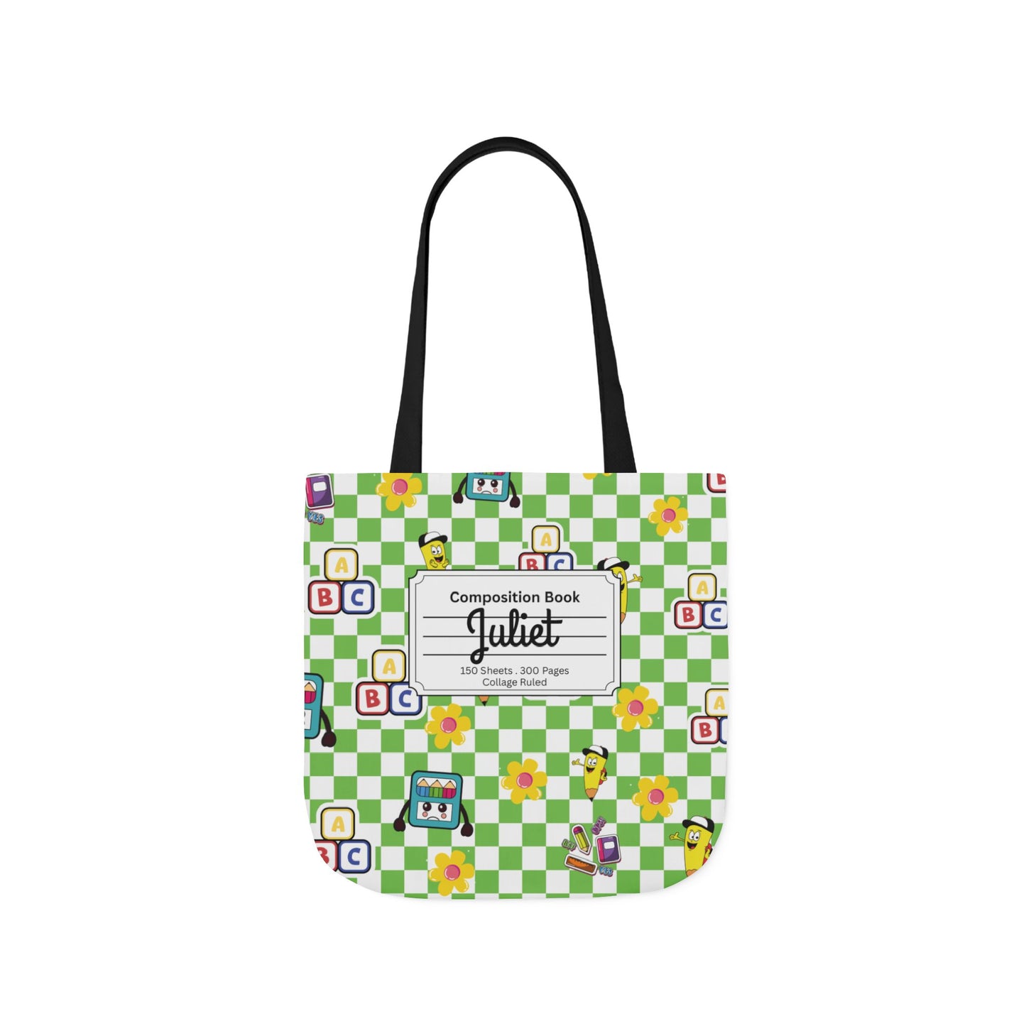 Personalized Green Schoolyard Chic Composition Book Inspired Canvas Tote Bag with Colorful Straps, Cute School Bag, Eco-Friendly Tote, Back to School Shopping Bag, Teacher Gift Idea