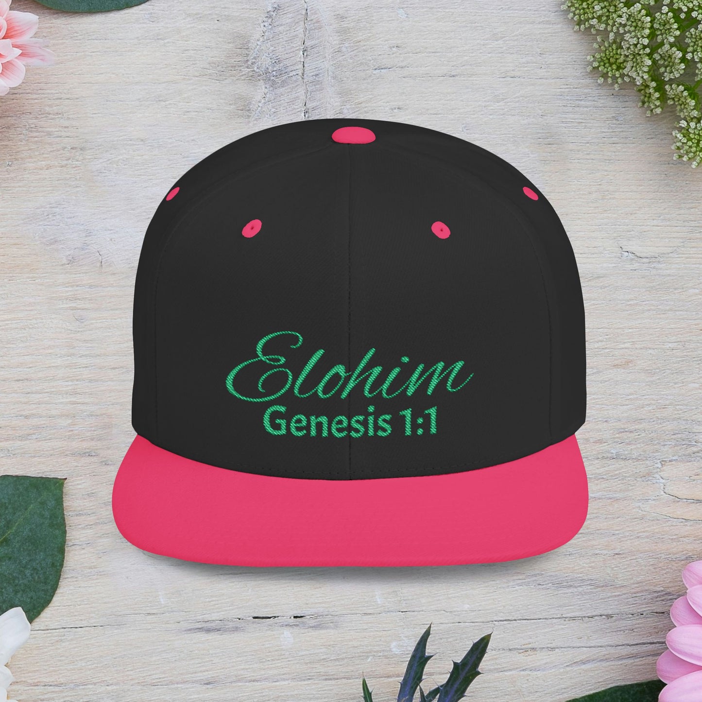 Green Elohim, Genesis 1:1 Snapback Cap - Faith-Inspired Flat Bill Hat, Baseball Hat, Perfect for Gifts, Daily Wear, Spiritual Events.