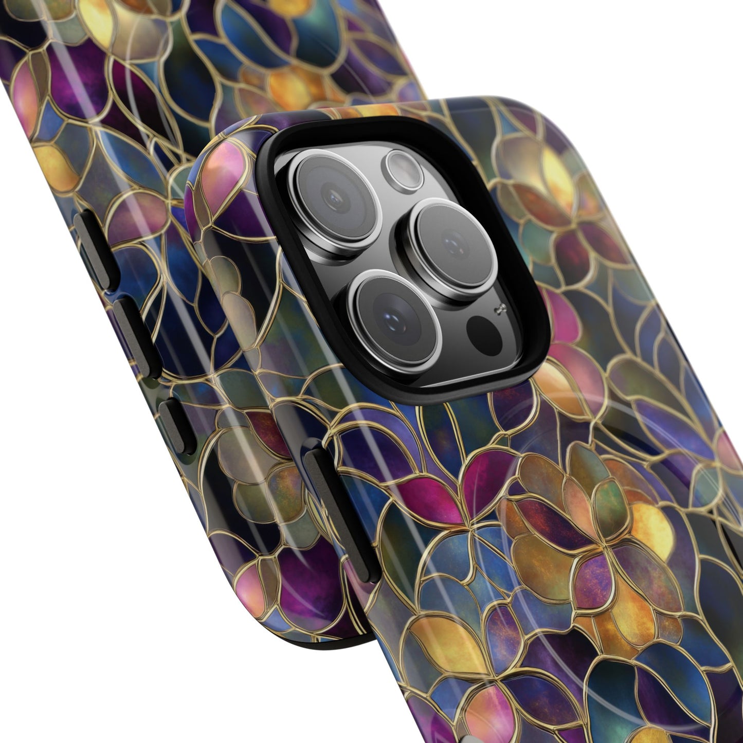 Chromatic Bloom Tough iPhone Magnetic Case, Tough iPhone Cover, Floral iPhone Accessory, Birthday Gift, Elegant Tech Decor, MagSafe Stained Glass Pattern.