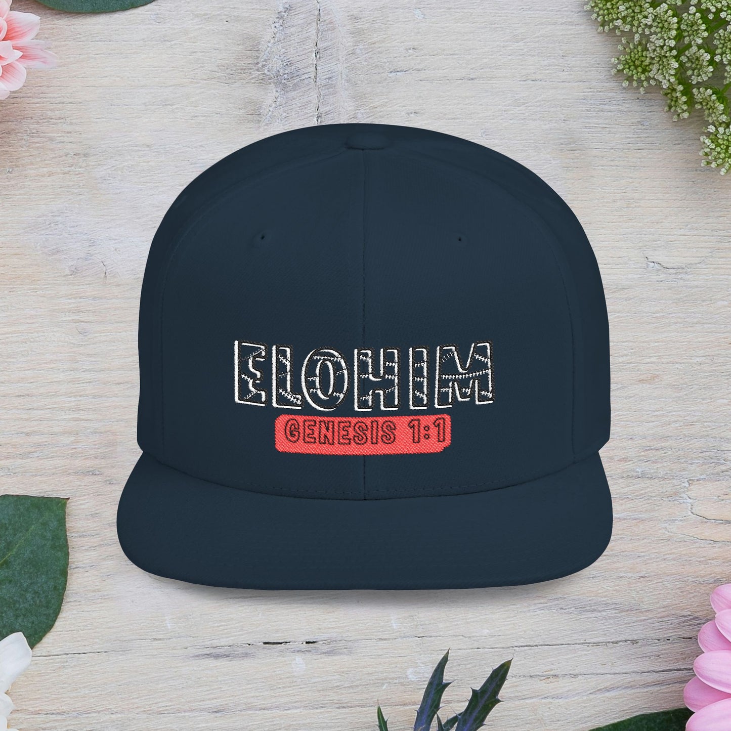 Embroidery 'ELOHIM' & 'GENESIS 1:1' Flat Bill Snapback Hat, Stylish Cap for Everyday Wear, Church Events, Gift for Him/Her, Streetwear Accessory, Casual Fashion