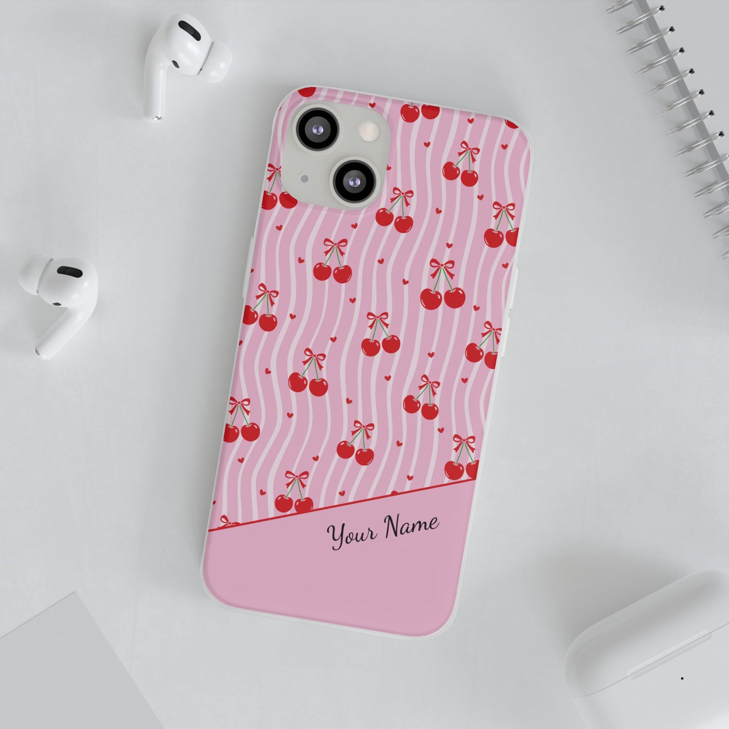 Personalized Cherry Blossom Dreams Flexi Case — Pink Retro Cherry iPhone® 7/8, 11, 12, 13, 14, 15, 16, 17, X/XS, SE, XR, Mini, Pro, Pro Max, Plus Cases.