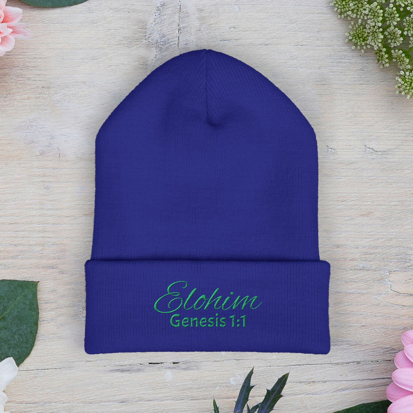 Green Embroidered 'ELOHIM, GENESIS 1:1' Classic Cuffed Beanie - Cozy Winter Hat, Streetwear Accessory, Personalized Gifts, Religious Apparel, Unisex Beanie