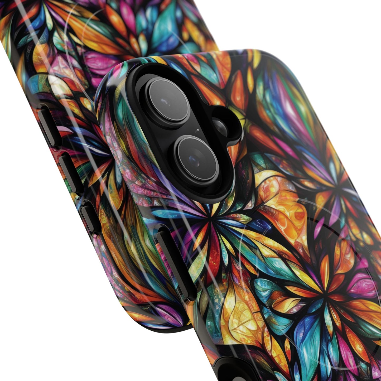 Luminous Whirl Tough Magnetic iPhone Cases, Vibrant Protection, Unique Floral Print, Durable Cover, Gift for Tech Lovers, iPhone Accessory, Stained Glass iPhone Design.