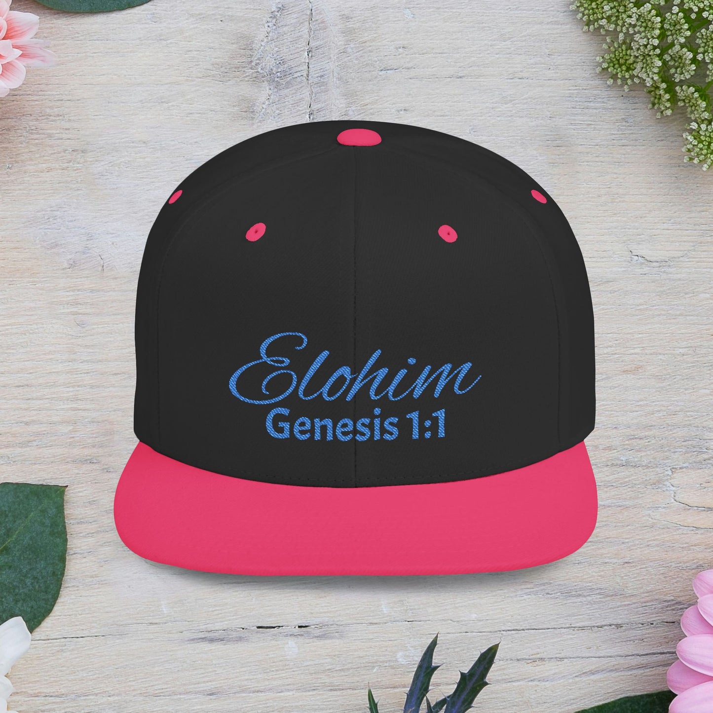 Blue Embroidery 'ELOHIM, GENESIS 1:1' Flat Bill Snapback Hat, Stylish Cap for Everyday Wear, Church Events, Gift for Him/Her, Streetwear Accessory, Casual Fashion