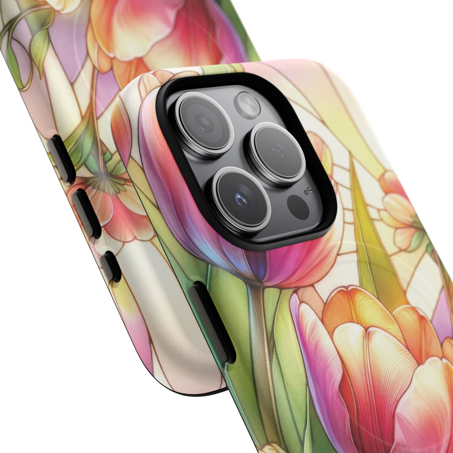 Tulip Glow Tough iPhone Magnetic Case, Floral Design, Spring Gift, Durable Protection, Smartphone Accessories, MagSafe Accessories, Stained Glass Tulip Gift