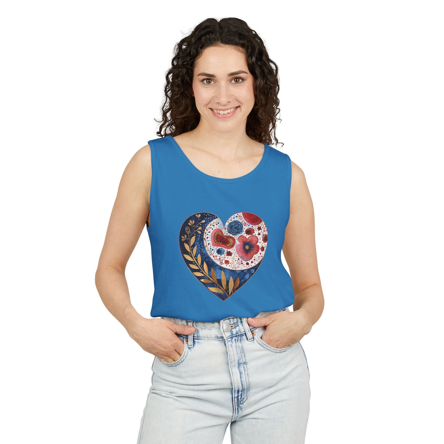 Floral Hearts Unisex Garment-Dyed Tank Top