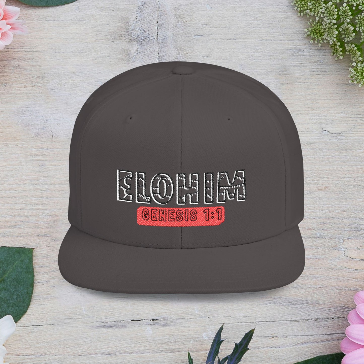 Embroidery 'ELOHIM' & 'GENESIS 1:1' Flat Bill Snapback Hat, Stylish Cap for Everyday Wear, Church Events, Gift for Him/Her, Streetwear Accessory, Casual Fashion