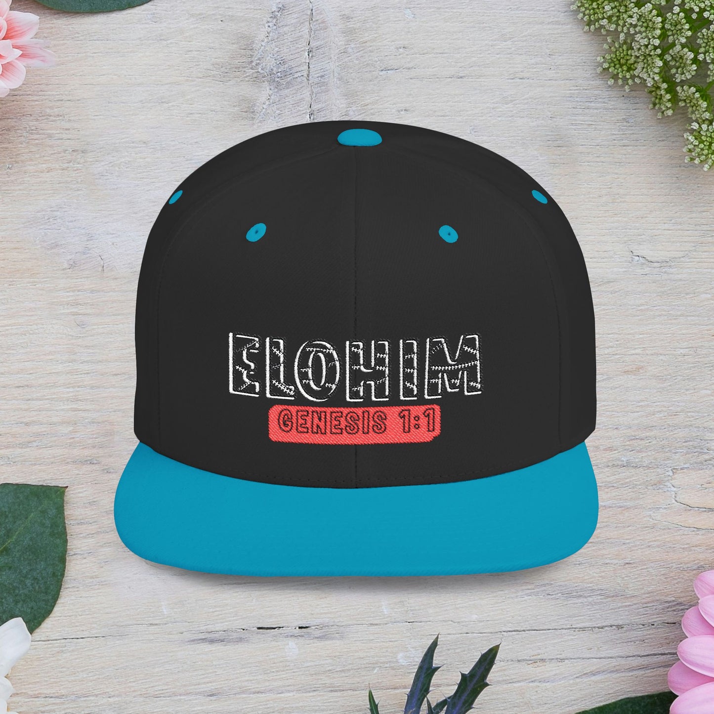Embroidery 'ELOHIM' & 'GENESIS 1:1' Flat Bill Snapback Hat, Stylish Cap for Everyday Wear, Church Events, Gift for Him/Her, Streetwear Accessory, Casual Fashion