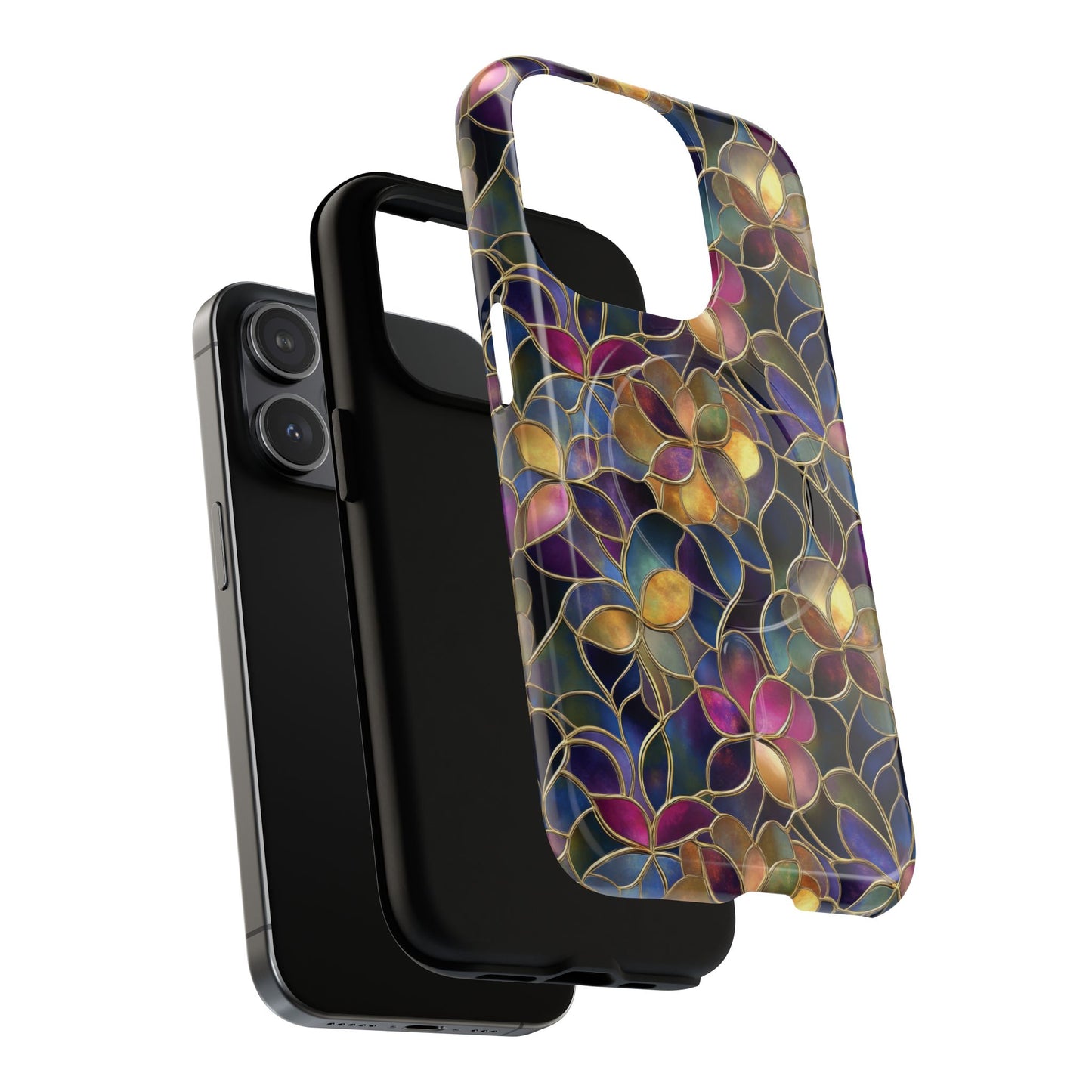 Chromatic Bloom Tough iPhone Magnetic Case, Tough iPhone Cover, Floral iPhone Accessory, Birthday Gift, Elegant Tech Decor, MagSafe Stained Glass Pattern.
