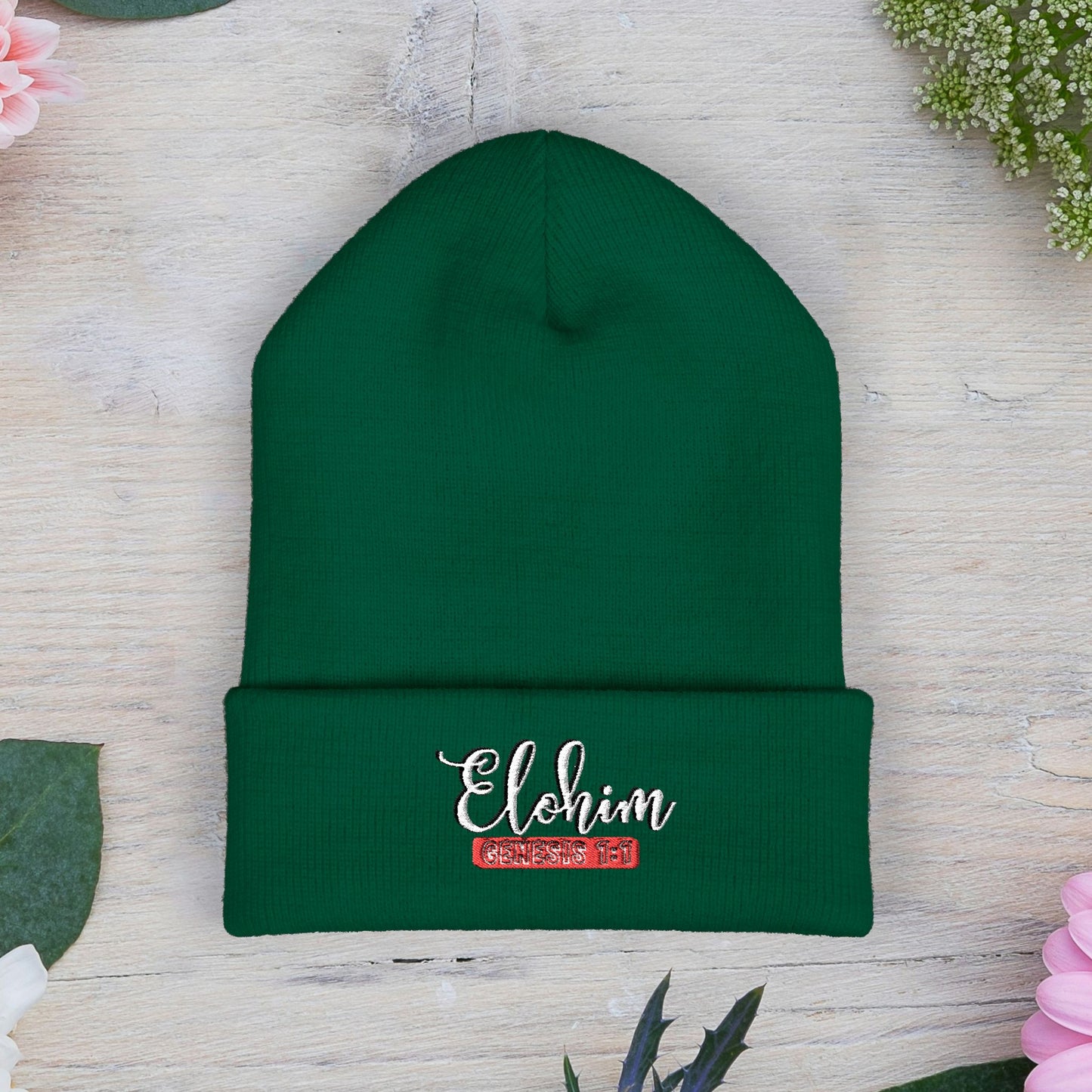 Embroidered 'ELOHIM, GENESIS 1:1' Classic Cuffed Beanie - Cozy Winter Hat, Streetwear Accessory, Personalized Gifts, Religious Apparel, Unisex Beanie