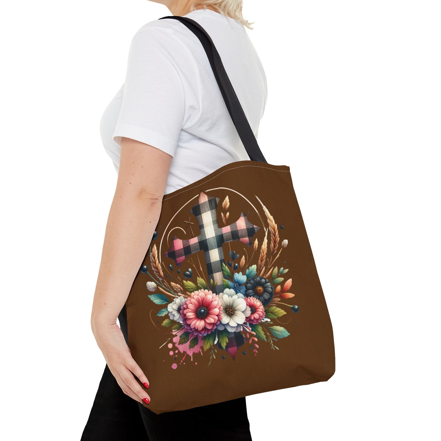 Faith and Floral Cross Heart Tote Bag