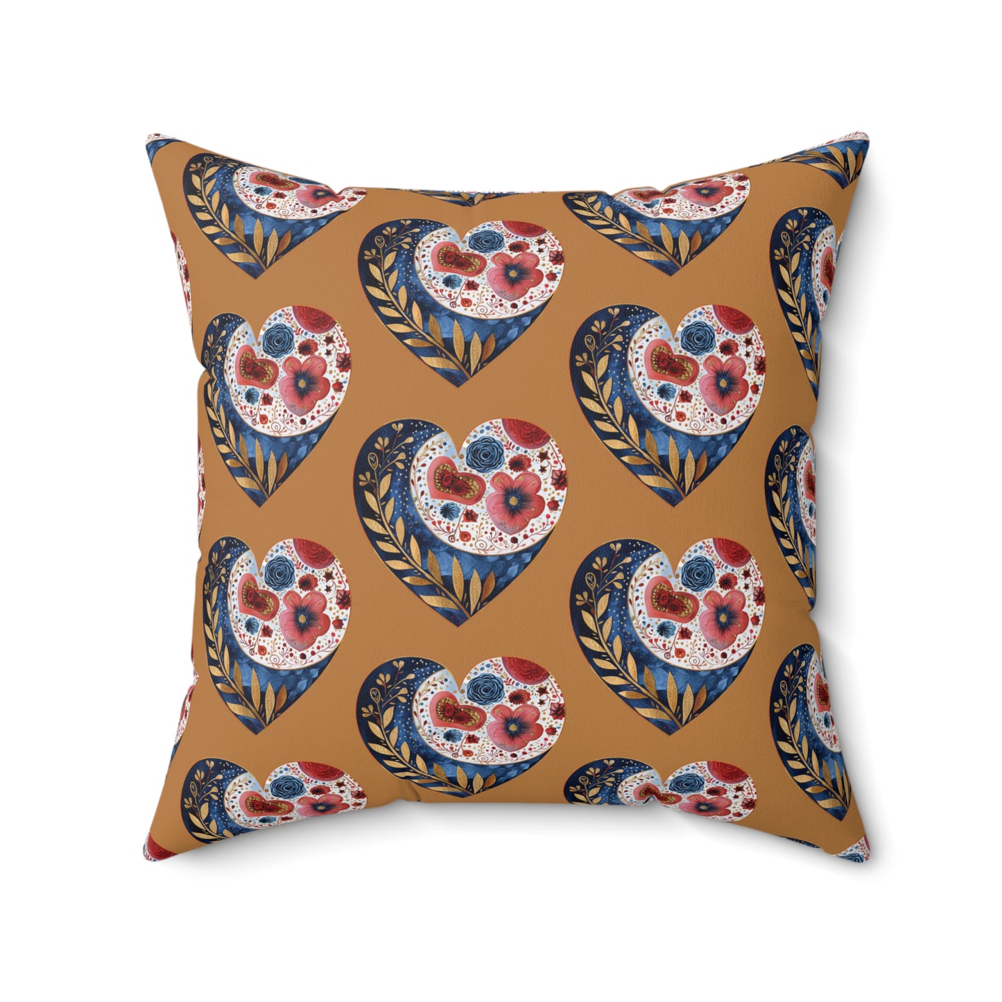 Brown Floral Heart Spun Polyester Square Pillow