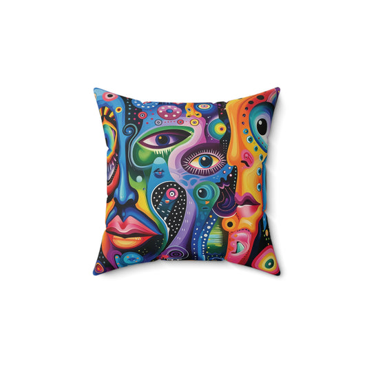 Psychedelic Visions Colorful Artistic Square Pillow | Vibrant Abstract Faces & Patterns Decor.