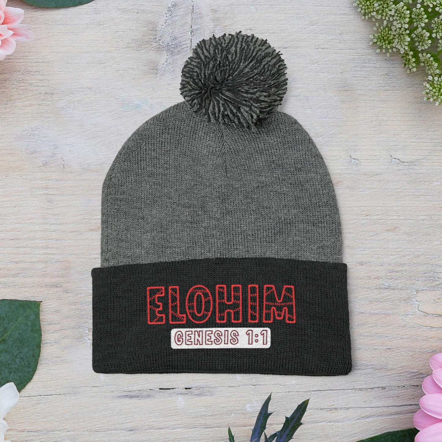 Red Pom-Pom Knit Cap with 'ELOHIM, GENESIS 1:1'  Embroidery Beanie - Stylish Winter Accessory for All Ages, Perfect Gift for Birthdays, Holidays, and Outdoor Activities