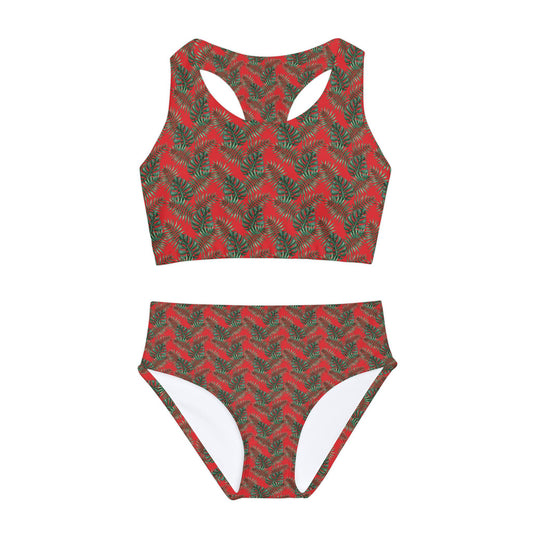 Red Tropical Bliss Girls Two Piece Swimsuit (AOP)- (PY)