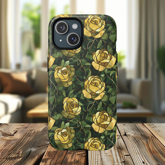 Golden Bloom Stained Glass Tough iPhone Magnetic Case, Rose Pattern iPhone Cover, Durable iPhone Protection, Gift for Her, Botanical iPhone Accessory