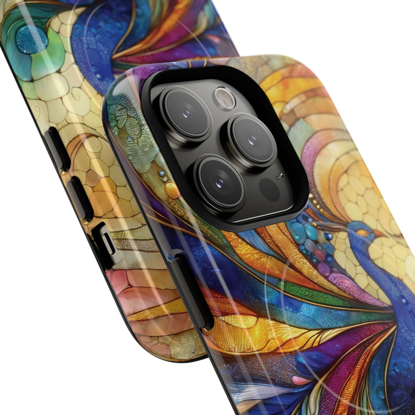 Mosaic Peacock Feathers Magnetic Phone Case, Tough Phone Shell, Vibrant Art Case, Gift for Her, Unique Phone Accessory, Wildlife Lover's Gift, Stained Glass Case.