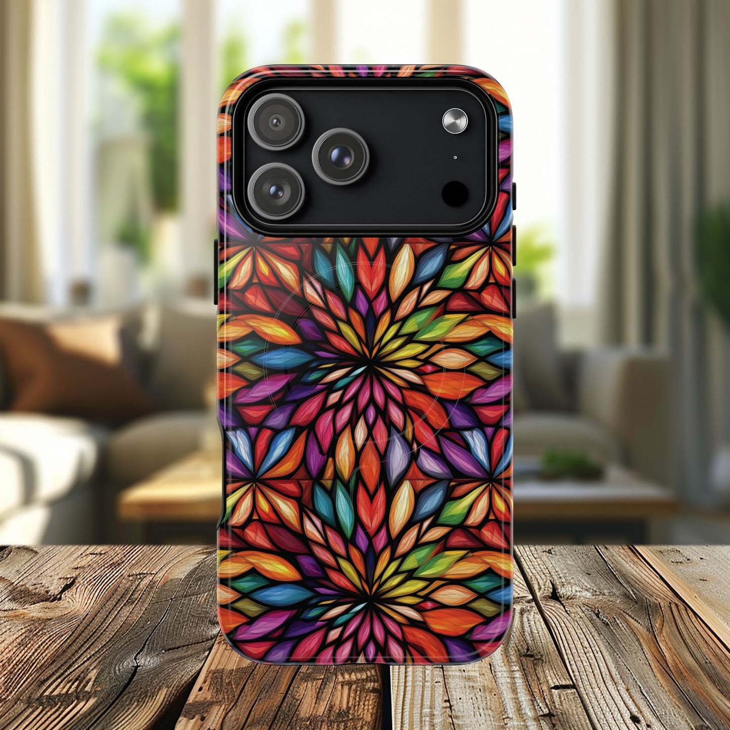 Prism Bloom Tough iPhone Magnetic Case, Stained Glass  MagSafe Cases, iPhone Accessory, Floral Design, Unique Gift, iPhone Protection