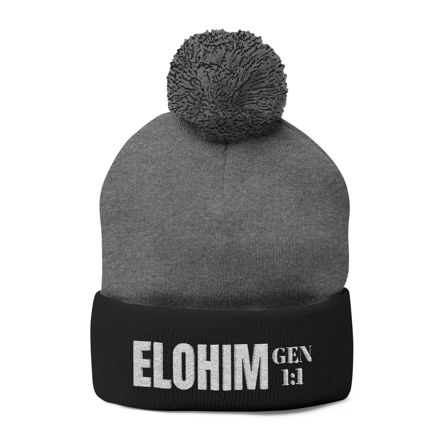 Pom-Pom Knit Cap with 'ELOHIM, GENESIS 1:1'  Embroidery Beanie - Stylish Winter Accessory for All Ages, Perfect Gift for Birthdays, Holidays, and Outdoor Activities
