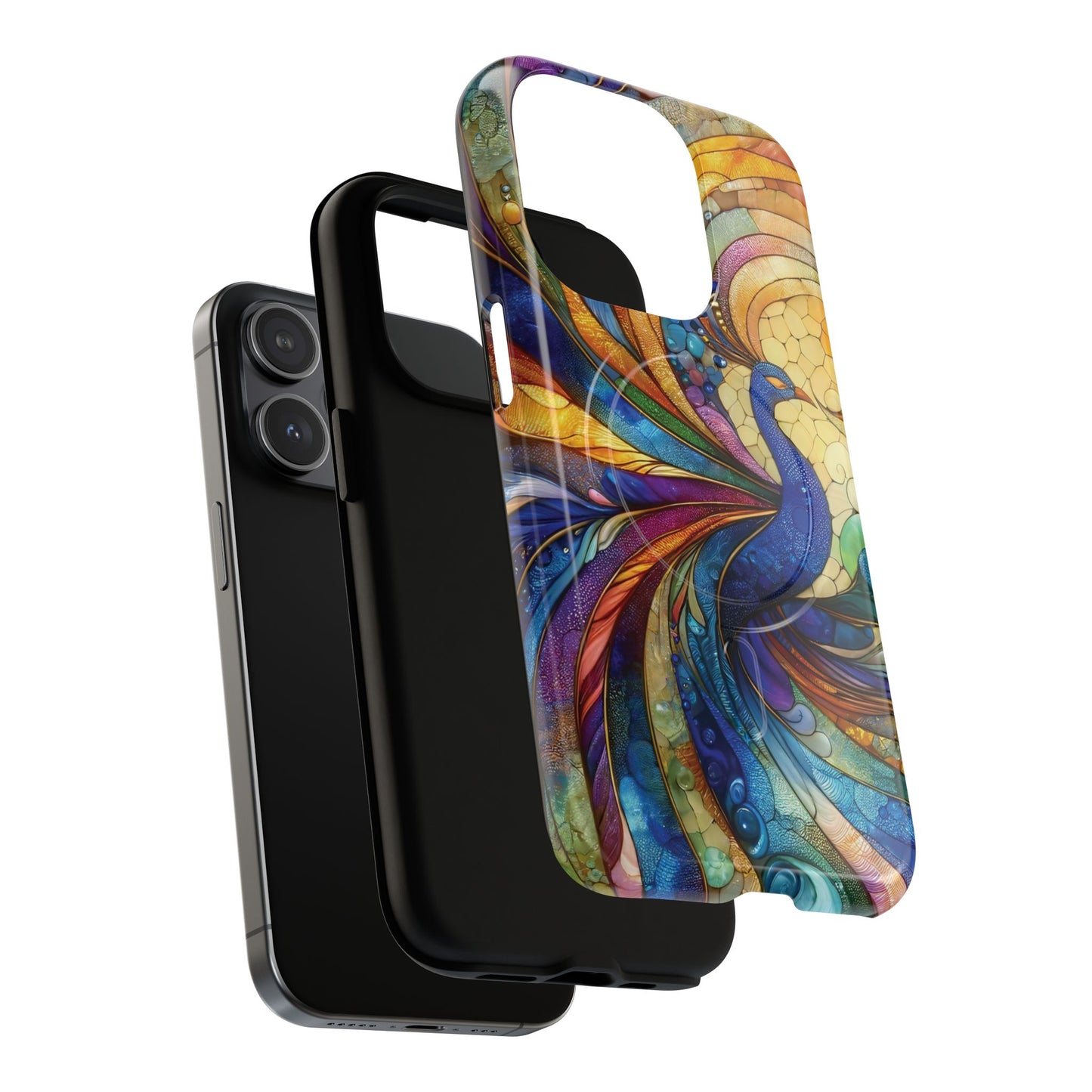 Mosaic Peacock Feathers Magnetic Phone Case, Tough Phone Shell, Vibrant Art Case, Gift for Her, Unique Phone Accessory, Wildlife Lover's Gift, Stained Glass Case.