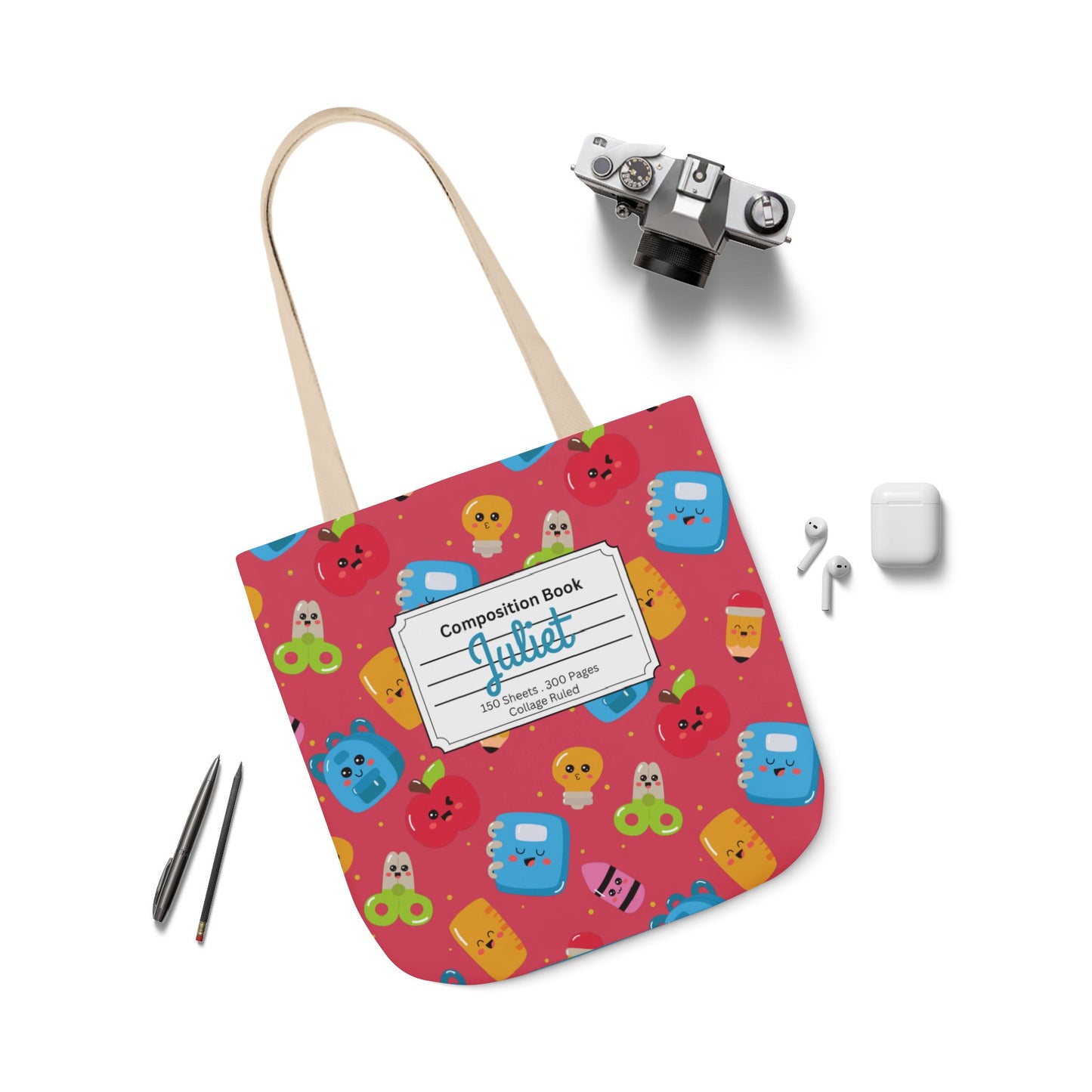 Personalized Kawaii Composition Book Inspired Canvas Tote Bag with Colorful Straps, Cute School Bag, Eco-Friendly Tote, Back to School Shopping Bag, Teacher Gift Idea