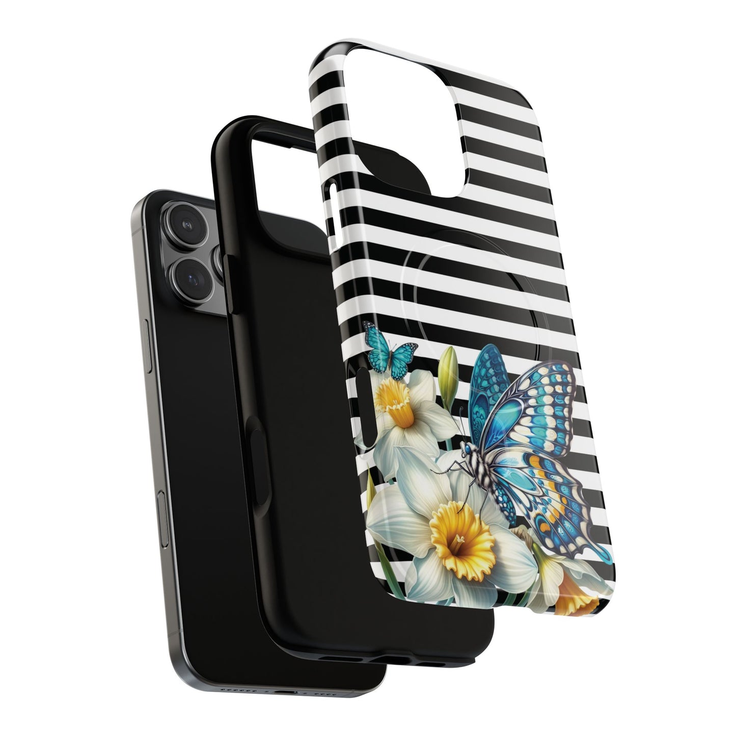 Daffodil Flutter Tough iPhone Magnetic Case, Floral iPhone Accessories, Stylish iPhone Cover, Black Striped Design, Gift for Her, Trendy iPhone