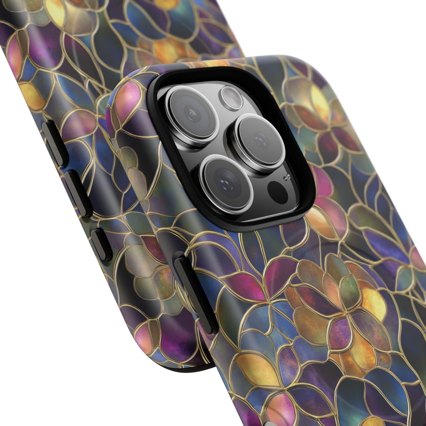 Chromatic Bloom Tough iPhone Magnetic Case, Tough iPhone Cover, Floral iPhone Accessory, Birthday Gift, Elegant Tech Decor, MagSafe Stained Glass Pattern.